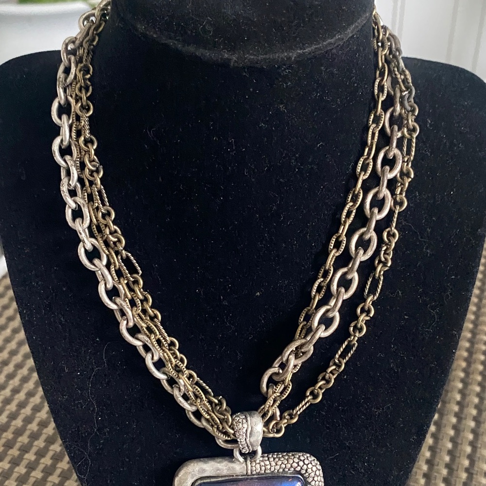 Chico's Multi-Tone Blue Square Pendant Necklace with Antique Silver Chains - Picture 2 of 6